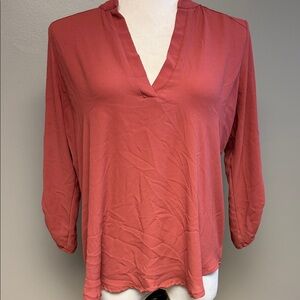 Lush Coral V-Neck Blouse Size M Lightweight 3/4 Sleeve Flowy Top
